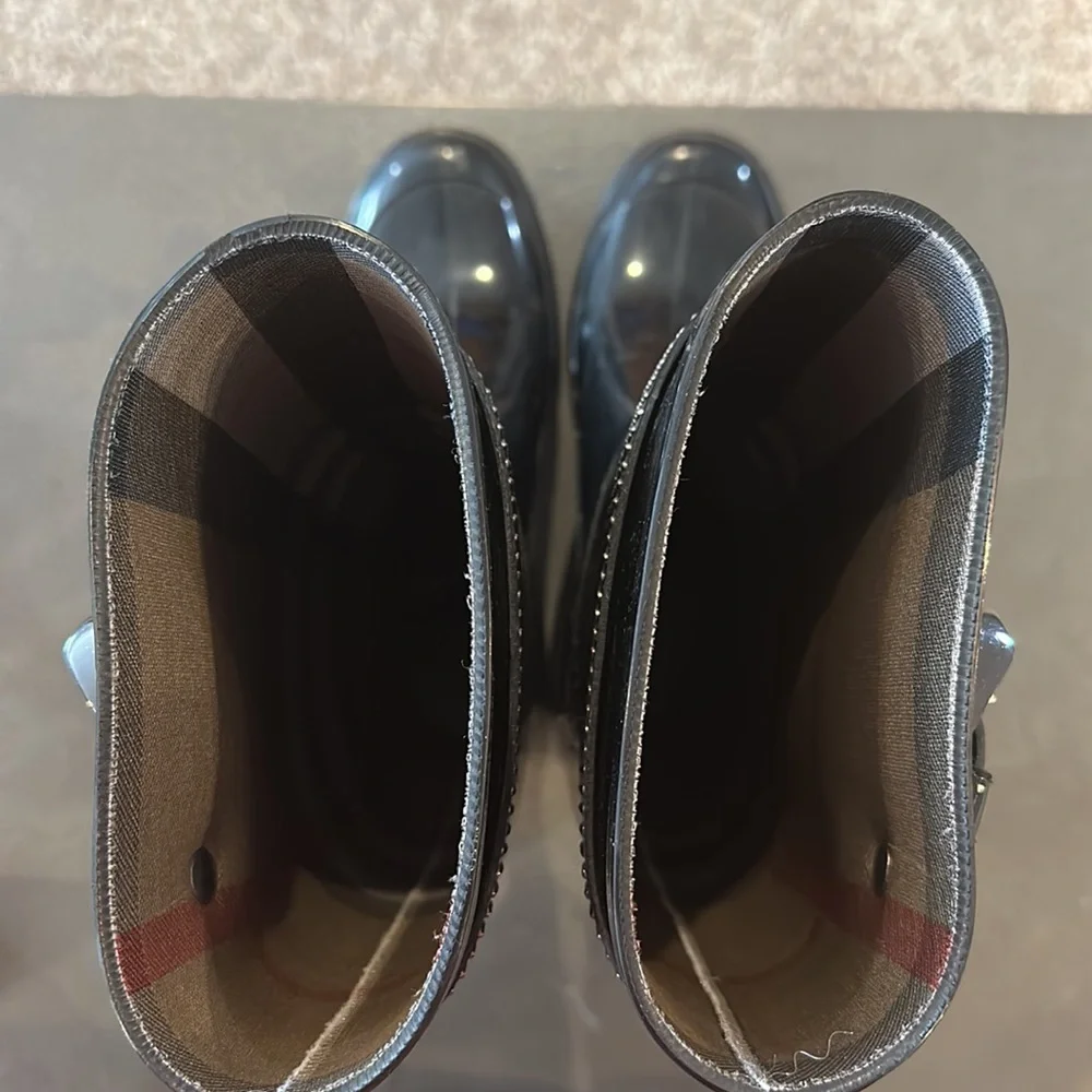 Burberry Black Patent Knee-High Rain Boots with Studded Strap Detail